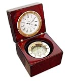 Navigator Clock and Compass Gift Set in Wooden Box, Brass Accents