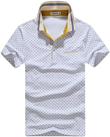 Men's Casual Regular Short Sleeve Cotton Polo Shirts with Pattern White M
