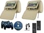 New Tan Zipper Headrest Pair 7" LCD Monitors and Region Free DVD Players USB SD Package , 2 Wireless Game Controllers with 32 Bit Game Disks and FM Transmitters! Wireless Game Car Package