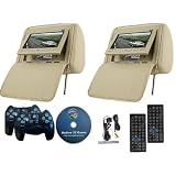 New Pair TAN Zipper Headrest with 7" DVD USB SD VIDEO Monitors Wireless Game Car Package