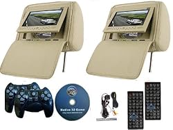 Pair of TAN Headrest 7 LCD Car Monitors with Region Free DVD player USB SD Inc. Wireless Headhones and 32 Bit Games