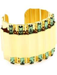 Lee Angel "Ella" Fluted Shiny Gold Plating with 2 Rows of Green Colored Swarovski Baguette Cuff Bracelet