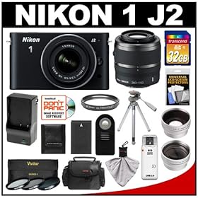 Nikon 1 J2 Digital Camera Body with 10-30mm & 30-110mm VR Lens (Black) with 32GB Card + Case + Battery & Charger + Filters + Tripod + Remote + Wide-Angle & Telephoto Lenses + Accessory Kit