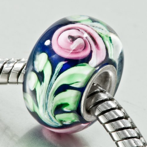 Pink Flower Green Leaf Murano Glass Beads Pandora Chamilia Charm Compatible