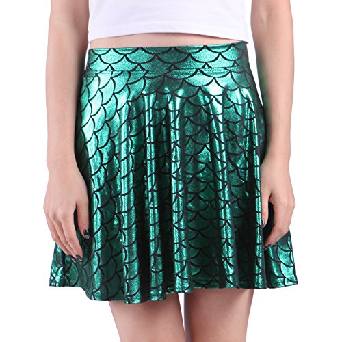 HDE Womens Shiny Mermaid Fish Scale Mini Flared Pleated Skater Skirt