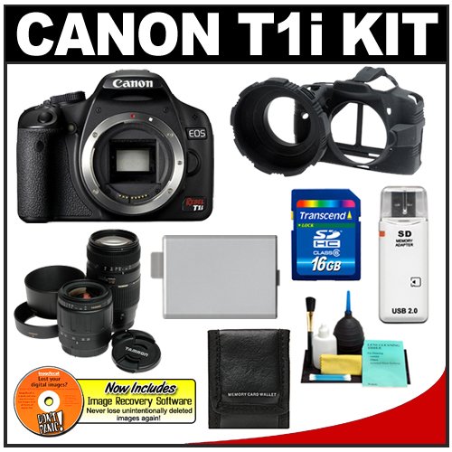 Canon EOS Rebel T1i 15.1MP Digital SLR Camera (Black) w/ Tamron 28-80 & 70-300mm Zoom Lens with 16GB SD Card + LP-E5 + Camera Armor + Accessory Kit
