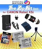 TheZipKit Basic for CANON Rebel XSi. Includes: 2 LP-E5 1500mAh Ultra High Capacity Batteries made with cells produced in JAPAN or USA, Table-Top Wire Tripod, 110/240 Mini Charger with fold out plug and a DC car adapter, SD/SDHC Card Reader, LCD Protection Film Kit and more. (NON OEM).. Compatible with Canon Digital Rebel T1i, XS & XSi Digital SLR Camera.