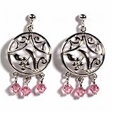 Sterling Silver Earrings with Pink CZ - Size: 33mm