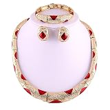 3 PC Gold Plated Red and Rhinestone Necklace Earring and Bracelet
