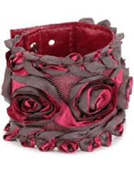 Streets Ahead 2 1/4" Fuchsia and Grey Embroidered Delicate Rosette Cuff Bracelet