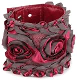 Streets Ahead 2 1/4 Fuchsia and Grey Embroidered Delicate Rosette Cuff Bracelet