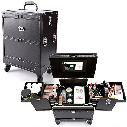 Travelmall Professional Makeup Artist Rolling Makeup Cosmetic Train Case Lockable Organizer with 4 Wheels (black)