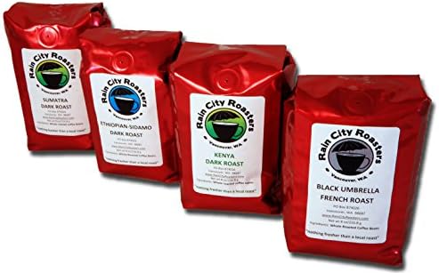 Rain City Roasters Micro-Roasted Whole Bean Coffee Gift Package of 4-8oz Dark Roast Coffees