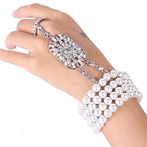 The Great Gatsby Inspired Bridal Flower Pattern Simulated Pearl Bracelet Ring Set Ring Size US 8-9