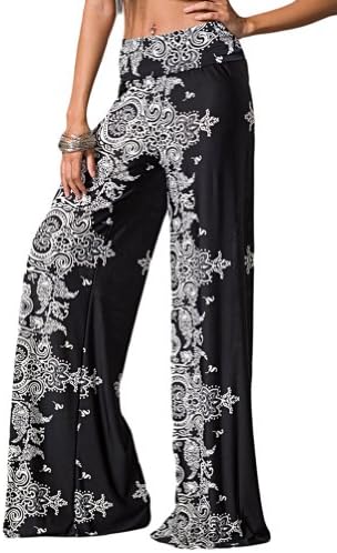 Womens Sexy Black & White Floral Print Wide Leg Palazzo Yoga Wide Leg Pants