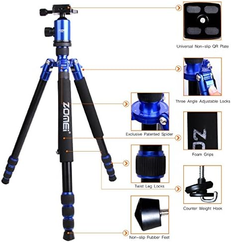 Zomei Professional SLR Tripod Alluminum Alloy Camera Tripod Monopod &amp; Ball Head Compact Travel for Canon Nikon Sony Olympus Fuji Cameras and Video Camera -Z888 BLUE