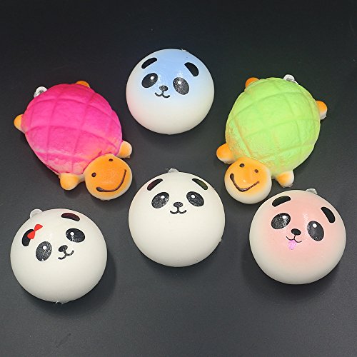 Trasfit Set of 6 Squishy Charms Kawaii Soft Foods Jumbo Squishies Panda Bread Toast, Turtle, Ice Cream Phone Charm Key Chain Strap