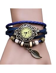 WAWO Quartz Fashion Weave Wrap Around Leather Bracelet Lady Woman Wrist Watch (Blue leaf)