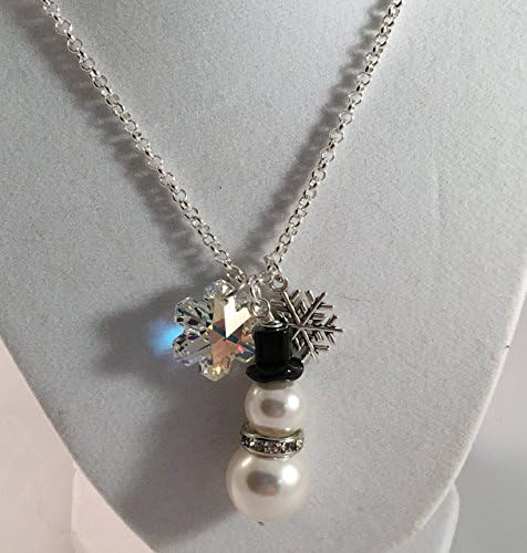 Holiday Pendant Style Charm Necklace with Swarovski Pearl Snowman, Swarovski Crystal Snowflake and Pewter Snowflake Accents