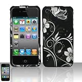 Rubberized Black Silver Vine Flower Butterfly Snap on Design Case Hard Case Skin Cover Faceplate for Apple Iphone 4g 4th Generation