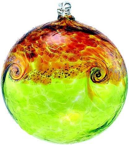 Kitras Art Glass Van Glow Witch Ball 6 Lime Green and Gold Swirls