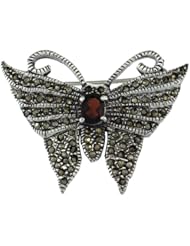 Sterling Silver Marcasite Butterfly Brooch Pin w/ Oval Cut Garnet Stone, 1 1/4 in. (32mm) tall
