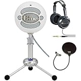 Blue Microphones Snowball USB Microphone (Textured White) with Full Size Studio Headphones and Pop Filter
