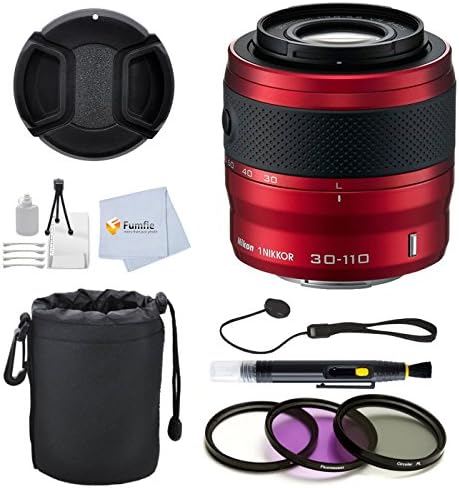 Nikon 1 30-110mm f/3.8-5.6 VR Nikkor Lens (Red) (White Box) with 3 Pc. Filter Kit + Cap Keeper + Cleaning Pen + Lens Cap + Lens Pouch + Cleaning Cloth for S1, S2, J1, J2, J3, J4, V1, V2, V3, AW1