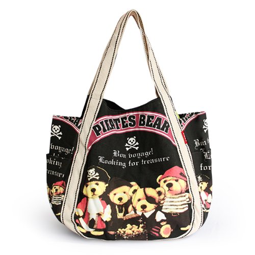 ILEA - [Pirates Bear] 100% Cotton Eco Canvas Shoulder Tote Bag / Shopper Bag / Multiple Pockets