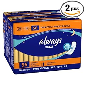 Always Maxi Pads - Overnight without Wings, Unscented, 56-count Packages (Pack of 2)