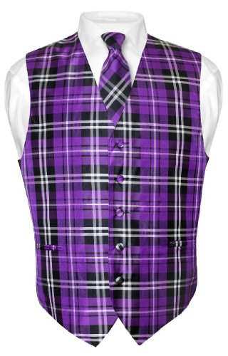 Men's Plaid Design Dress Vest & NeckTie Purple Black White Neck Tie Set