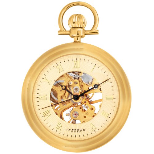 Akribos XXIV Men's AKR453YG Mechanical Skeleton Gold-Tone Pocket Watch