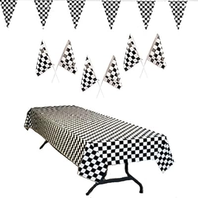 Race Car Party Supplies - Checkered Tablecover, 100 ft Pennant Flag Banner, and Plastic Checkered 7 Inch Flags (24), Total 26 pieces