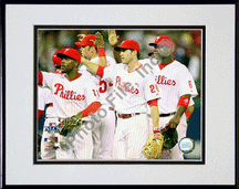 Buy Jimmy Rollins, Chase Utley and Ryan Howard 2008 National League Championship Series Game 1 Celebra by Photo File