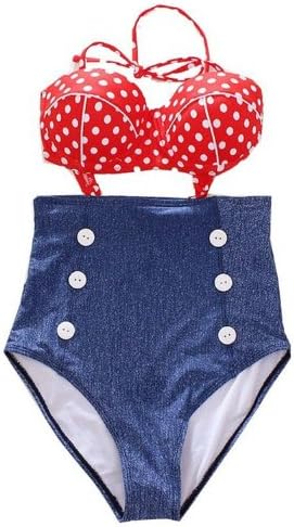 Cocoship Retro High Waist Pin up Bikini Sets Polka Top+denim Bottom Swimsuits