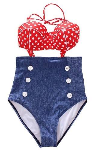 Cocoship Retro High Waist Pin up Bikini Sets Polka Top+denim Bottom Swimsuits