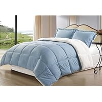 3 Pcs Light Blue Borrego Sherpa, Berber Throw Blanket, Down Alternative Comforter Mini Set with Pillow Case Bedding, QUEEN Zise Bed Cover