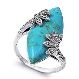 Rhodium Plated Sterling Silver Wedding & Engagement Ring Turquoise Marcasite Ring 30MM ( Size 6 to 10)