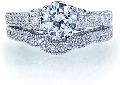 Rhodium Plated Sterling Silver Vintage Style 2Pc Engagement Ring Bridal Sets For Women 6mm ( Size 5 to 9) Size 5
