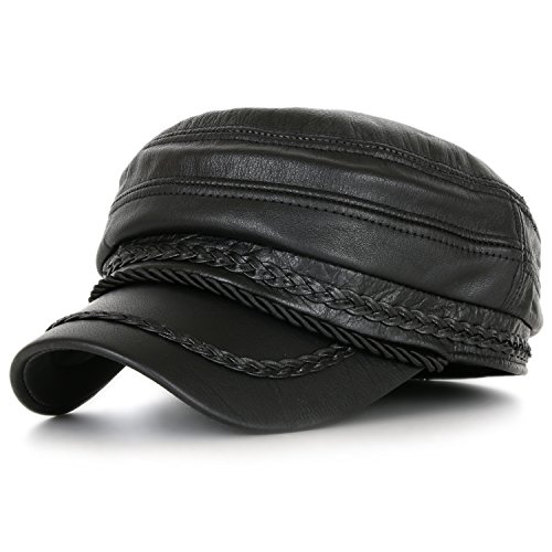 ililily Black Genuine Leather Braided Detail Military Flex Fit Flat Top Cap