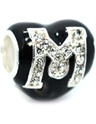 Pro Jewelry .925 Sterling Silver " Letter M in Swarovski Elements on Black Heart " Charm Bead Compatible with Pandora Chamilia Kay Troll Bracelet