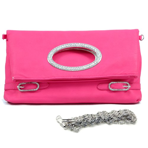 Dasein Foldable Rhinestone Clutch With Front Ring & Buckle Faux Leather Evening Purses Hot Pink