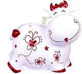 Whimsical Smiling Cow Piggy Bank Wearing Decorative Gold Earrings -Red and White Heart Lips Ceramic 6 Inches By 5 Inches