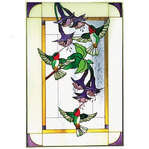 Hummingbirds & Fuchsia, Vertical Painted Art Glass Panel