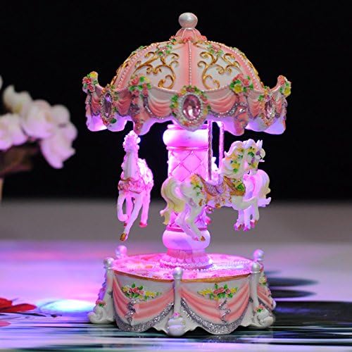 Wonder Palaza Three Horses Carousel Music Box with Light Play the Castle in the Sky Tune,perfect Christmas Birthday Gift (Pink)