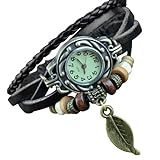 FLORAY Man or Woman's Black Leather Bracelets, Wrist Watch, Design with Leaf. Length: 18cm - 20cm