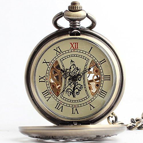 Classical Dragon & Phoenix Dangle Pendant Pocket Watch Roman Number Antique Vintage Steampunk Bronze Hollow Out Design Merchanical Watch with Necklace Chain Gift for Men Women PW90810