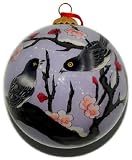 Hand Painted Glass Ornament, Purple 2 Birds with Cherry Blossoms CO-186