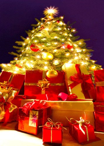 CHRISTMAS TREE - Christmas tree loaded with presents - 3D Postcard Greeting Card On Sale