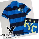 アメリカンイーグル メンズ 半袖ポロシャツ AE STRIPED EAGLE PATCH POLO バックヤードブルー